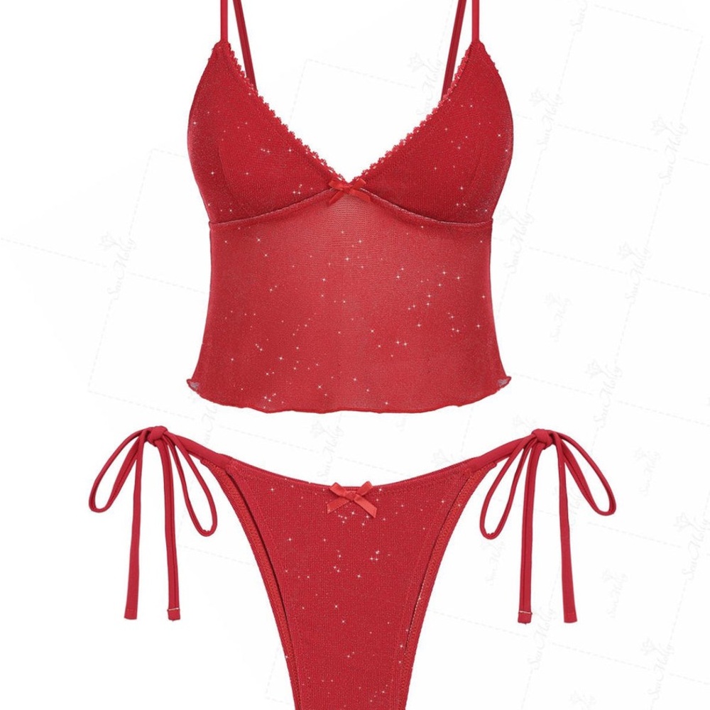 Women's Red Sparkle Tie-Side Bikini Set - Picture 3 of 11